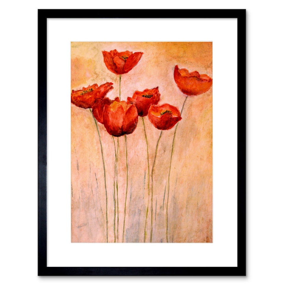 image 1 of Red Tulips Flowers Spring Nature Painting 9x7" Black Framed Wall Art Print