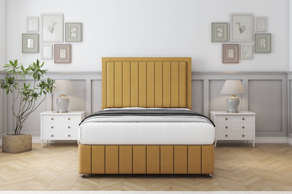 image 1 of Sloomy Pemberton Mustard Plush Divan Bed Base No Drawers With 54 Inch Floor Standing Headboard & 12 Inch Matching Footboard | Gold | Mustard | King | 1