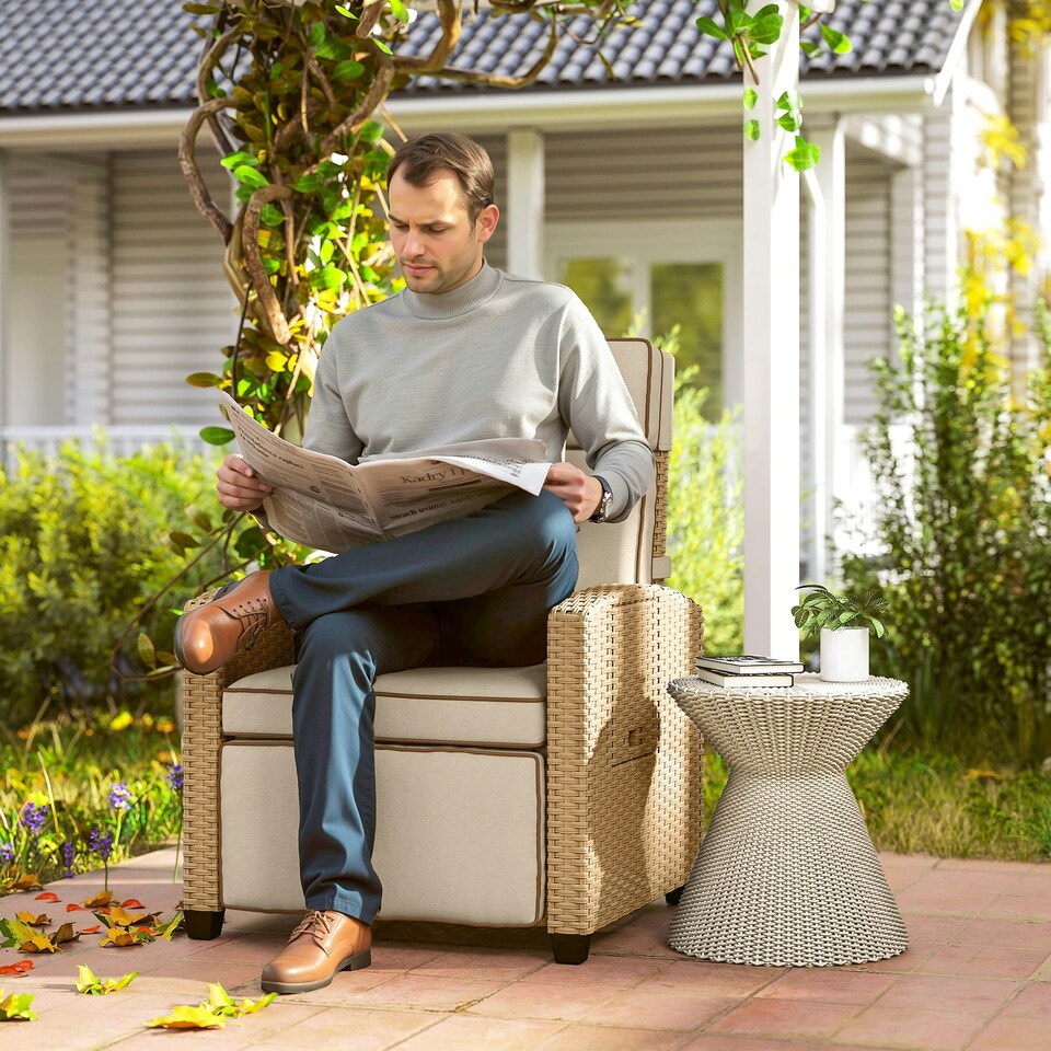 image 1 of Outsunny Rattan Garden Recliner Sun Lounger w/ Flip Table 