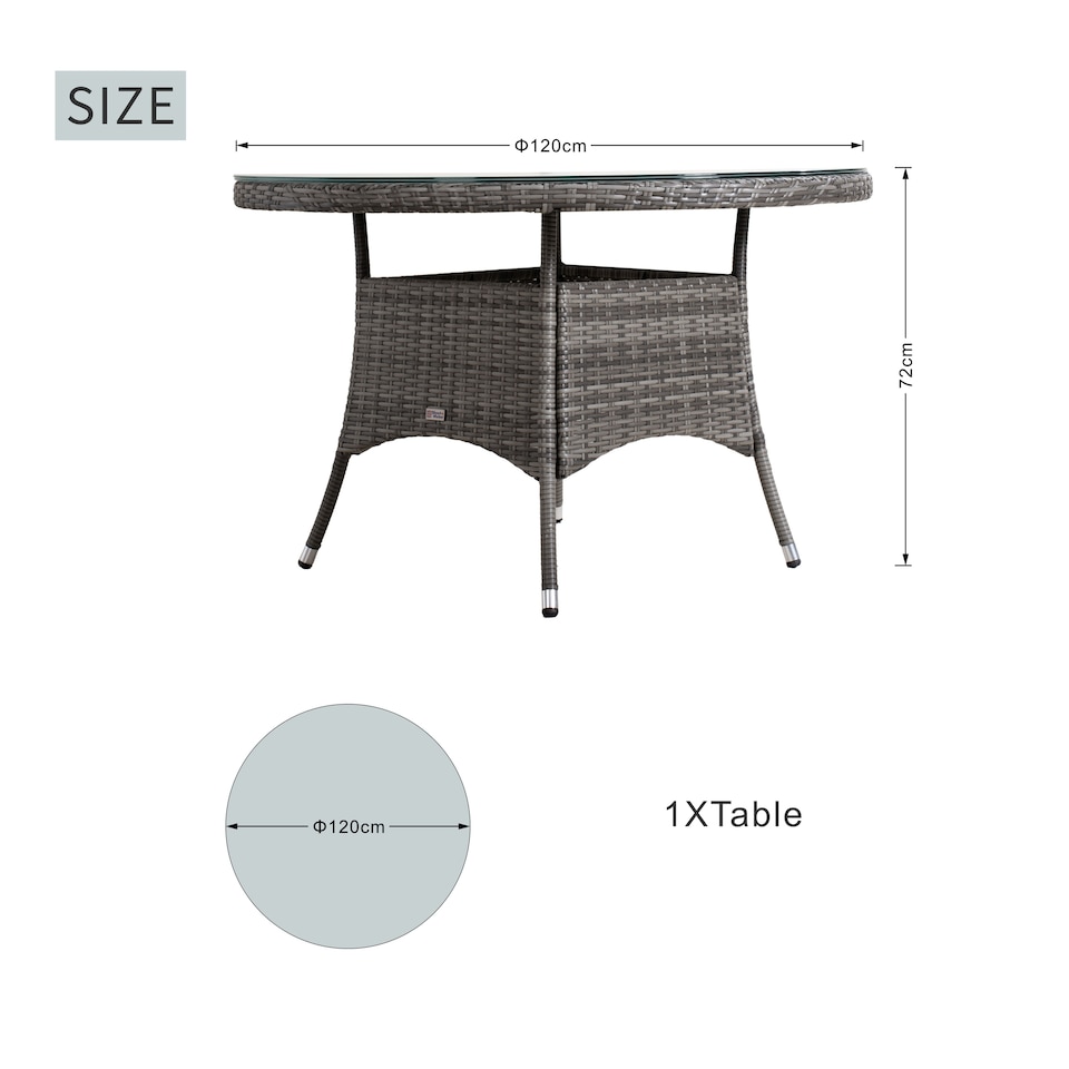 image 1 of Direct Wicker Outdoor 4 Person Rattan Round Dining Table, Aluminum Frame with Tempered Glass Top, Umbrella Hole | Grey