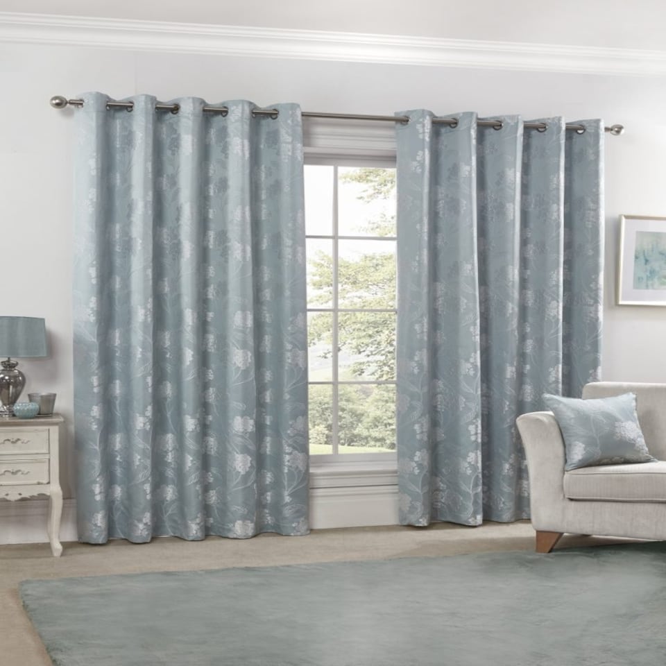 image 1 of English Garden Lined Eyelet Jacquard Curtains 168cm x 183cm Duck Egg Blue | Blue
