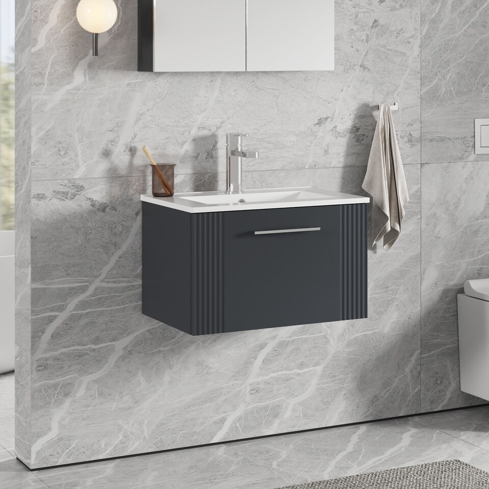 image 1 of Balterley Partial Fluted 1 Drawer Wall Hung Vanity Unit with 1 Tap Hole Minimalist Basin | Grey | Satin Soft Black
