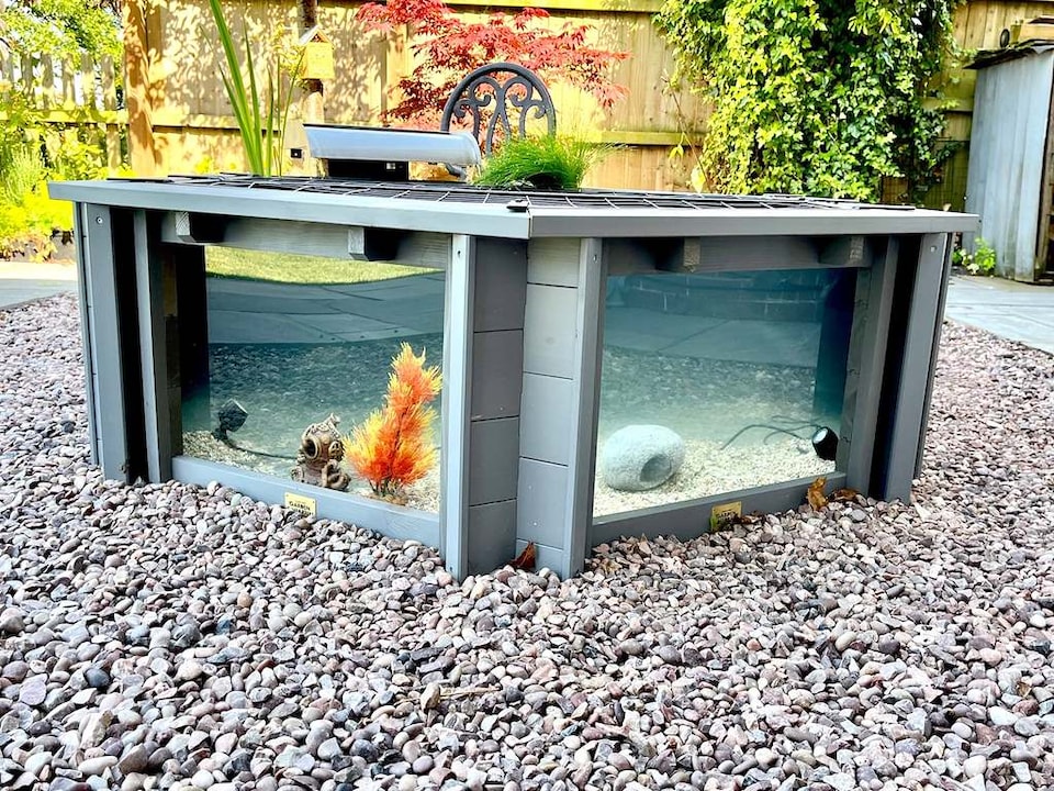 image 1 of Raised hexagon pond with large windows Lily Clear View Garden Aquarium in Grey