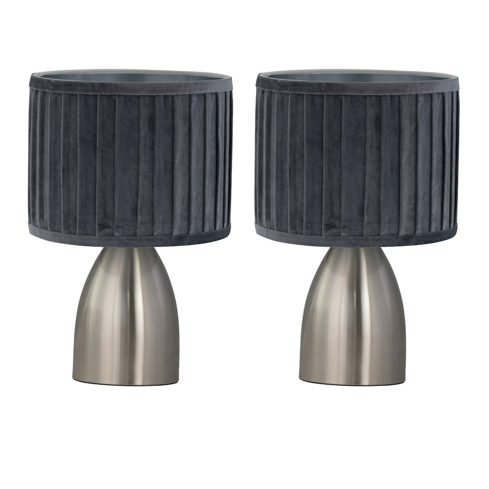 image 1 of First Choice Lighting Set of 2 Valentina Brushed Chrome Touch Lamps with Grey Pleated Velvet Shades Silver | Grey