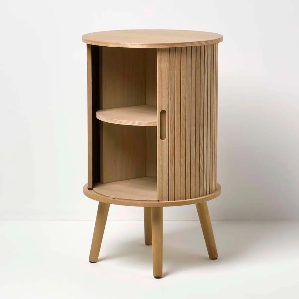 image 1 of Homescapes Modern Side Table, Round Cabinet with Sliding Tambour Doors, 65cm