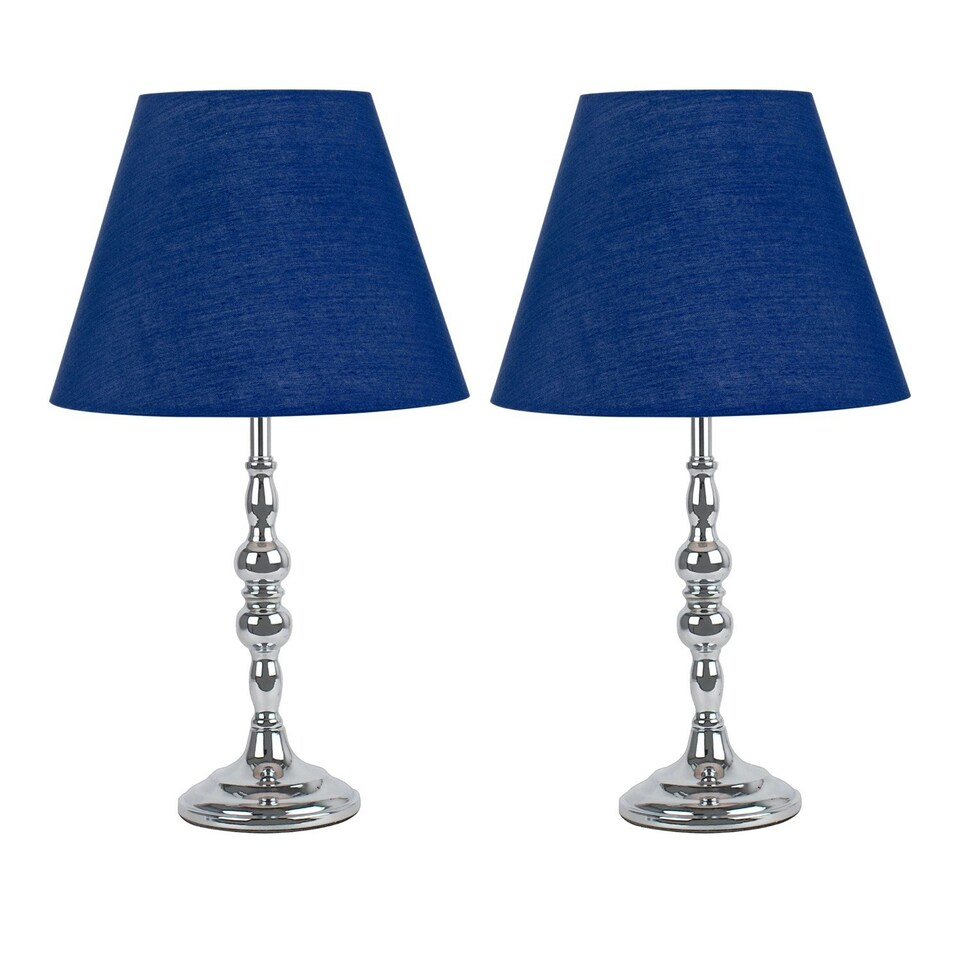 image 1 of Set of 2 Chrome Table Lamps with Decorative Stem and Navy Blue Shades Chrome | Blue