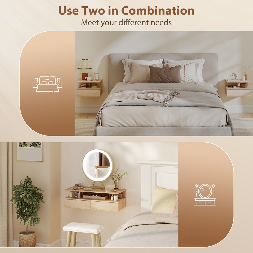 image 1 of HOMCOM Modern Nightstand Set of 2, Wall Mounted Bedside Cabinet, Oak | Brown | Oak | 35W x 32D x 22.5H cm