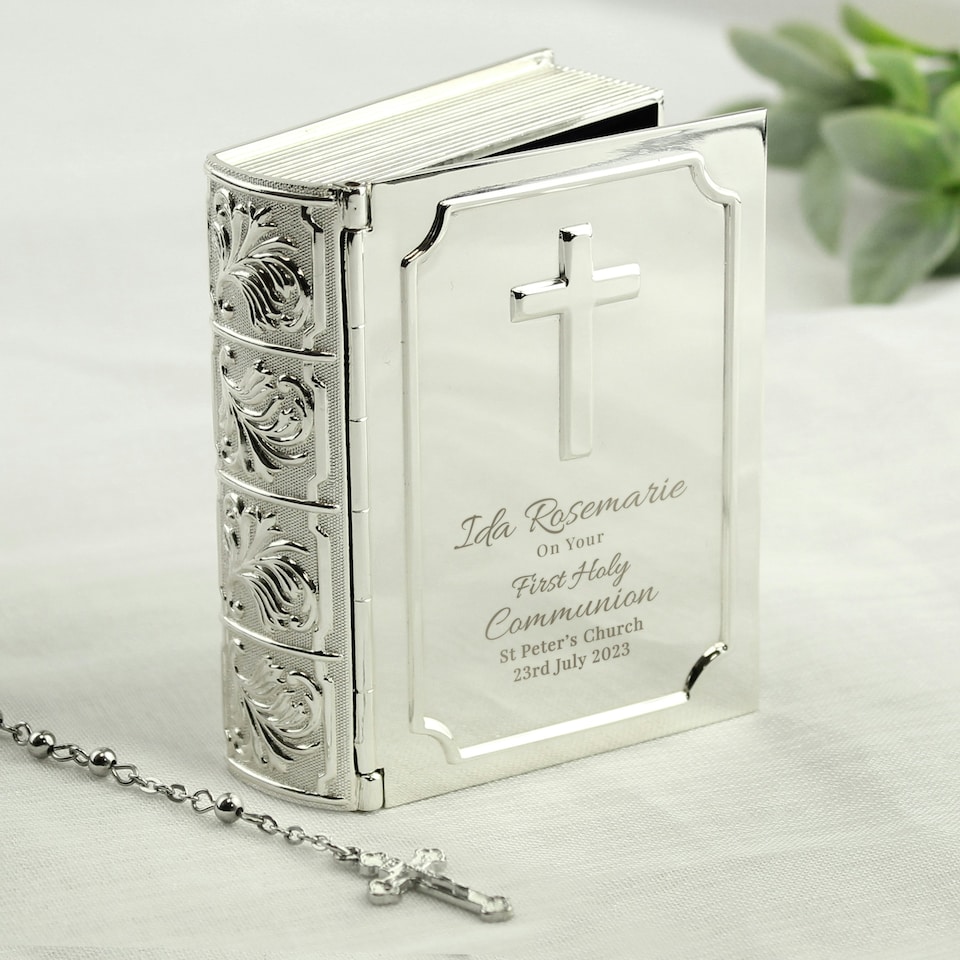 image 1 of Personalised First Holy Communion Bible Trinket Box with Rosary Beads