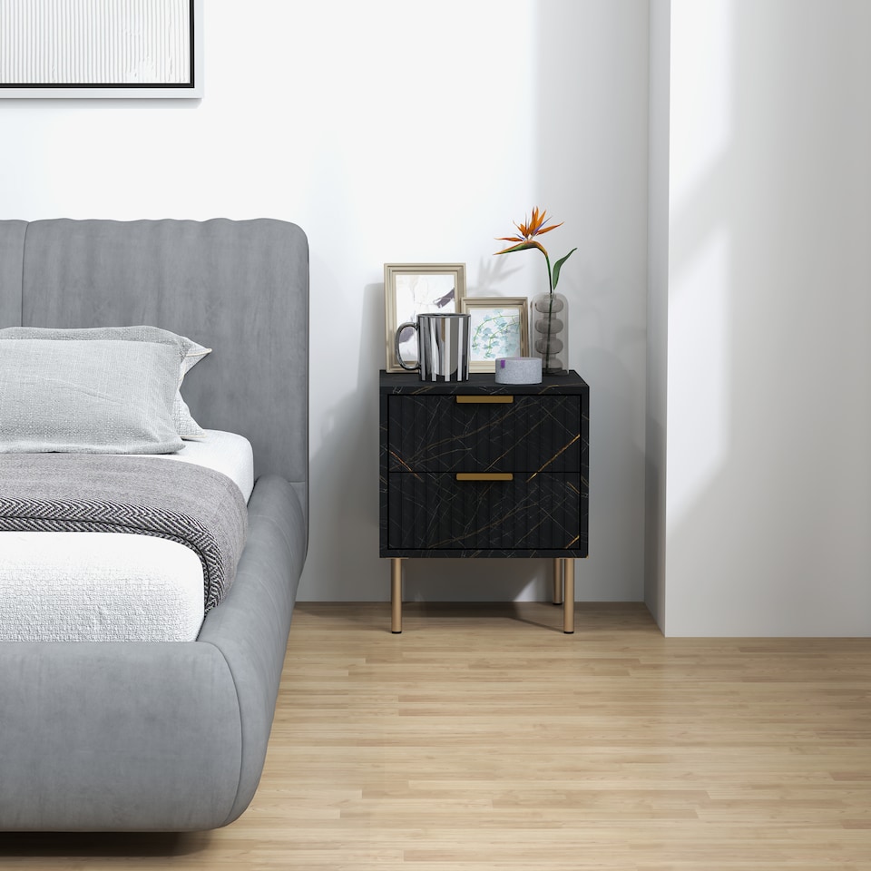 image 1 of HOMCOM Marble Pattern Bedside Table, Fluted Bedside Cabinet with 2 Drawers, Side End Table with Steel Legs for Bedroom, Black | Black