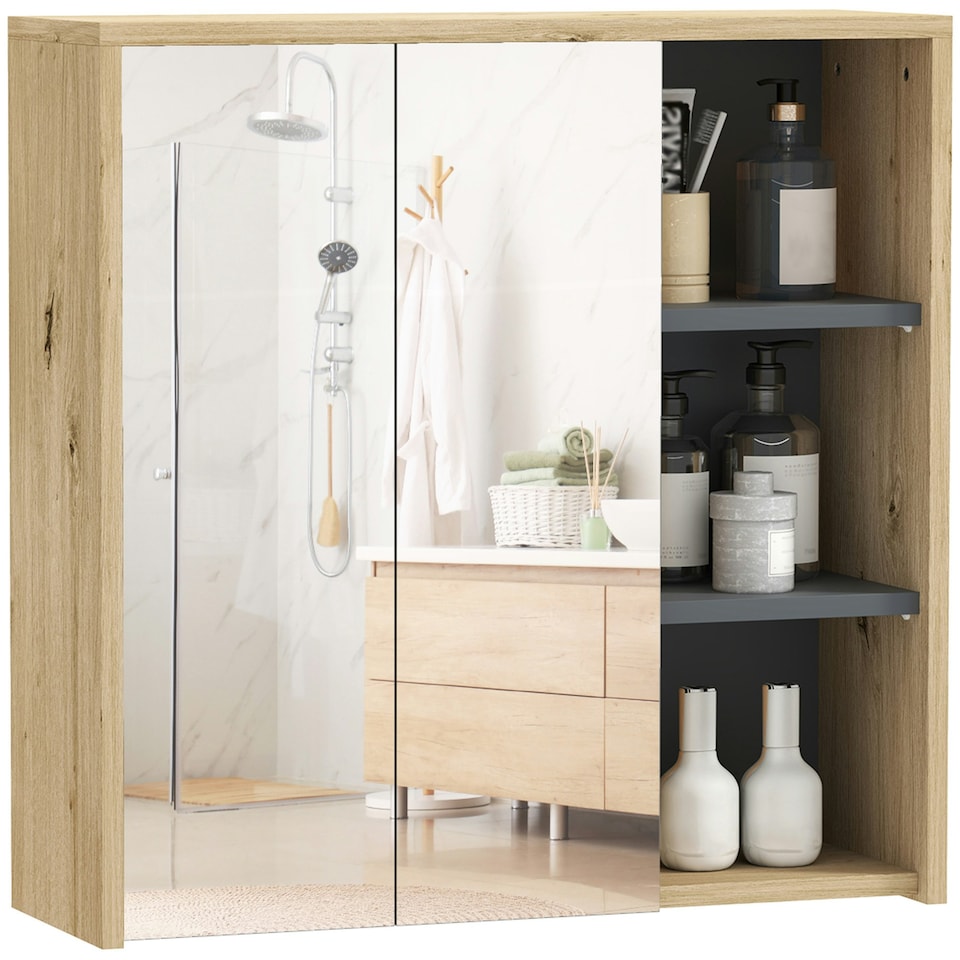 image 1 of HOMCOM Bathroom Cabinet Wall Mounted Mirror Storage with Shelves Natural