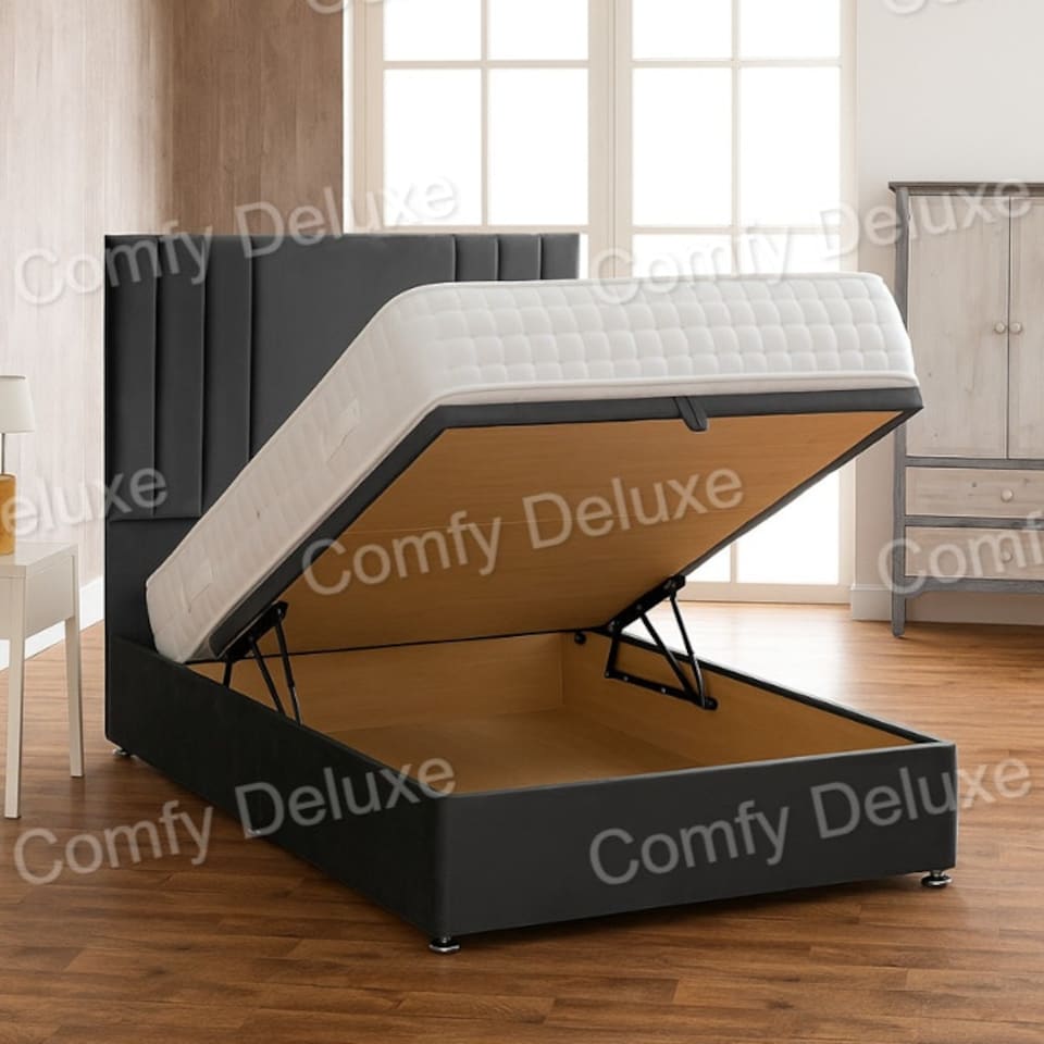 image 1 of Black Plush Velvet 3ft Single Ottoman Divan Foot Lift Bed Set