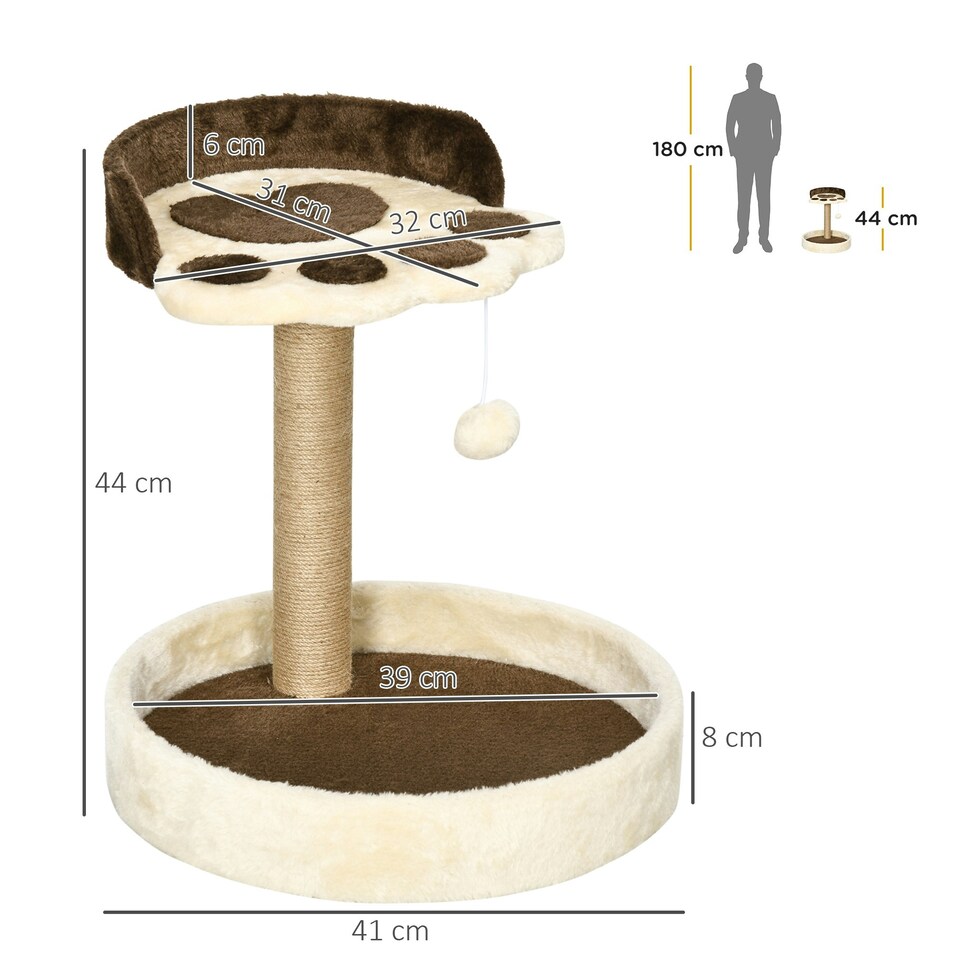 image 1 of PawHut 44cm Cat Tree Tower with Scratch Post, Platforms, Ball, Brown