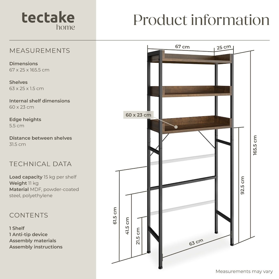 image 1 of Shower caddy Seattle - 3 Tiers | Brown | Industrial wood dark, rustic | 25 x 63 x 165 cm | 1