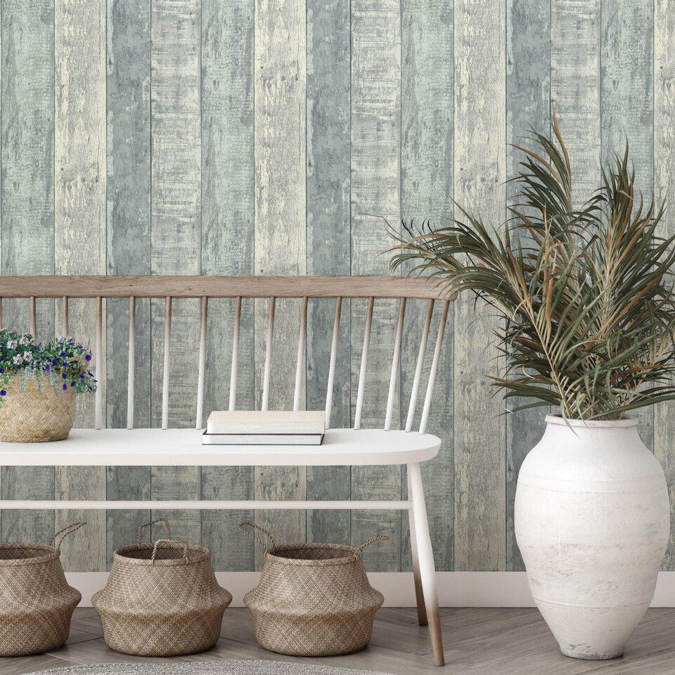 image 1 of Fine Decor Rustic Wood Stripe Blue Wallpaper Paste The Paper Washable Modern Wooden Panel Plank