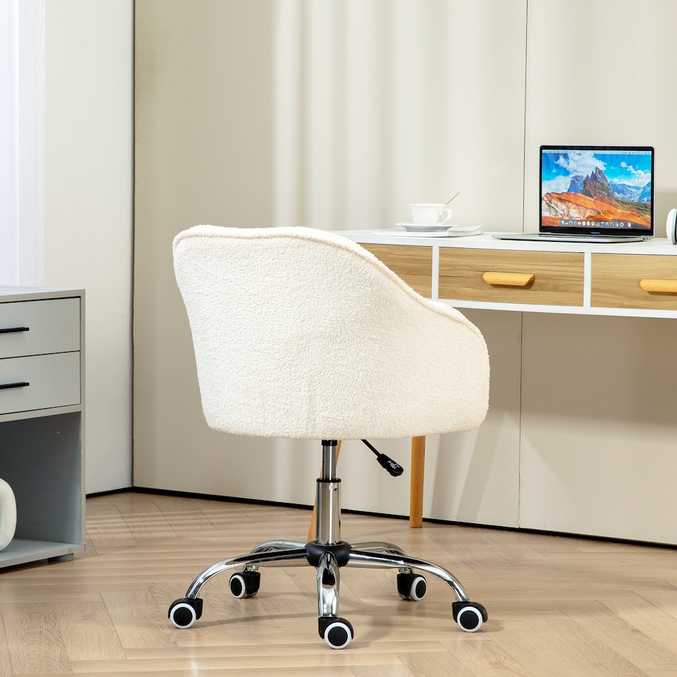 image 1 of HOMCOM Vanity Swivel Chair, Teddy Fleece Office Desk Chair with Adjustable Height for Home, Study, Bedroom, Makeup, Cream White