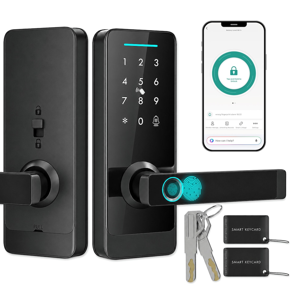 image 1 of HOMCOM Smart Door Lock, Fingerprint/Passcode/APP/NFC/Key, Doorbell
