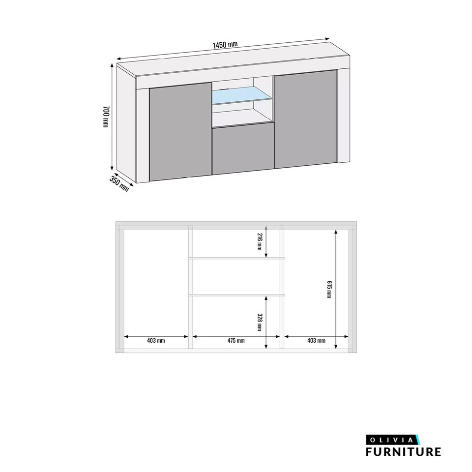 image 1 of TV Unit TV Stand Sideboard Media Cabinet Storage Cabinet Grey High Gloss LED 145cm