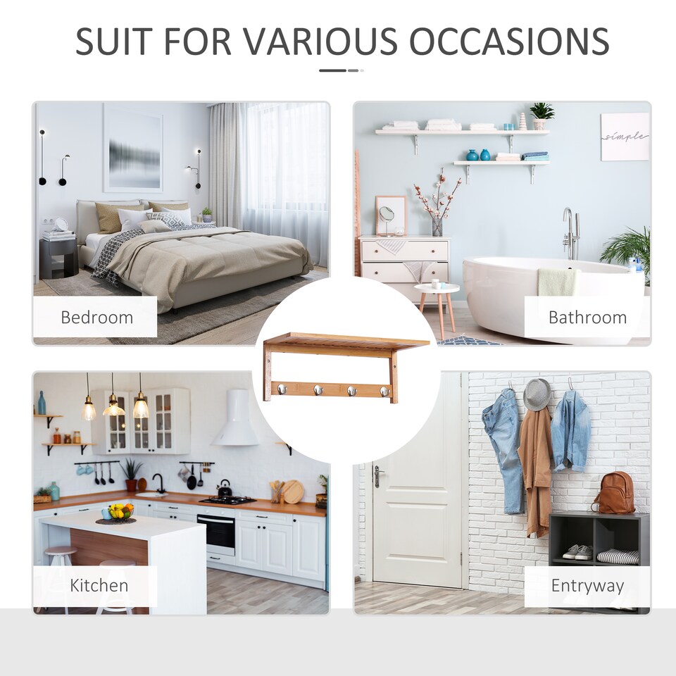 image 1 of HOMCOM Wall Mounted Coat Clothes Hat Hanger 4 Hooks Rack Stand with Rail & Storage Shelf for Hallway Entryway Bedroom Bathroom