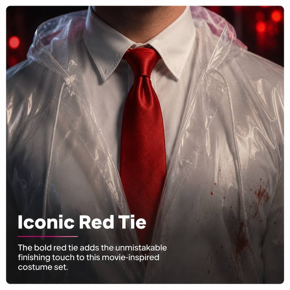 image 1 of Mens Halloween Businessman Serial Killer Costume Set - Raincoat, Tie, Fake Axe & Business Card