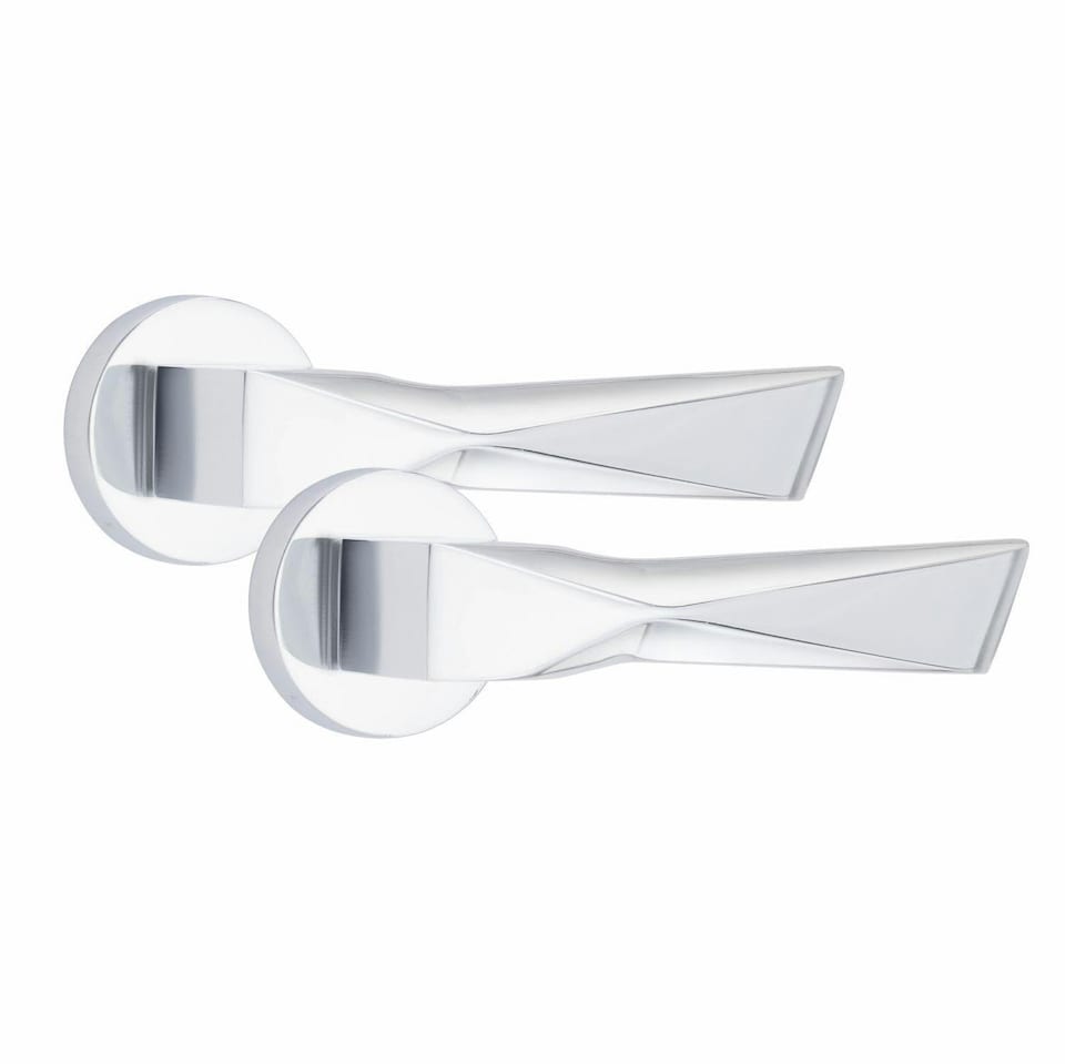 image 1 of Golden Grace 4 Sets Modern Aura Design Premium Door Handles on Round Rose in Polished Chrome with 2.5" Latch and 1 Pair of Ball Bearing Hinges | Chrome | 4 Set