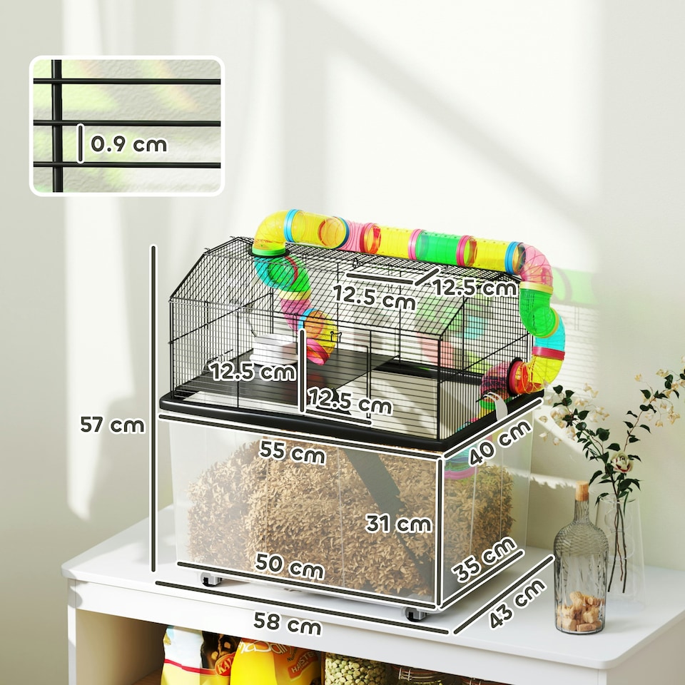 image 1 of PawHut Hamster Cage with 31cm Deep Tray, Tube, 58 x 43 x 57cm