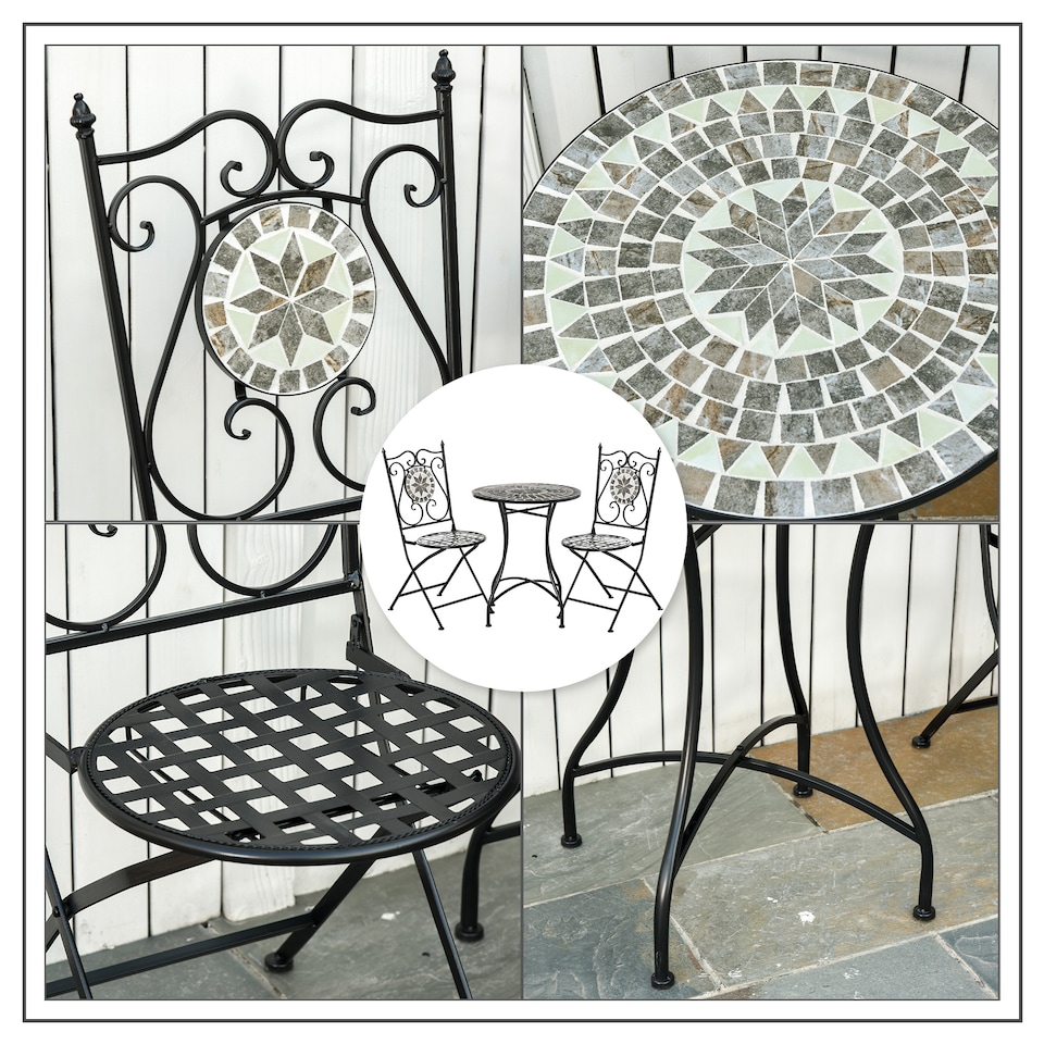 image 1 of Outsunny 3 Pcs Mosaic Tile Garden Bistro Set Outdoor w/ Table 2 Chairs