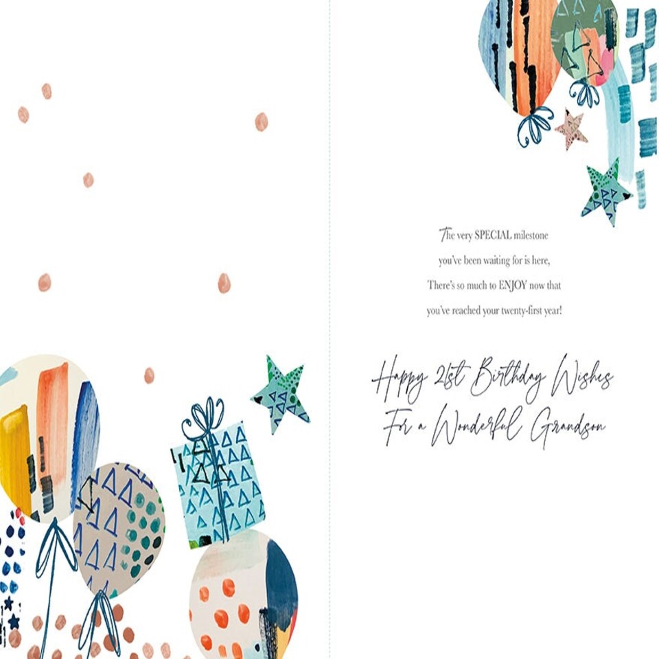 image 1 of Words 'n' Wishes Grandson 21st Birthday Card - for Grandson Age 21 with Contemporary Presents and Balloon Design