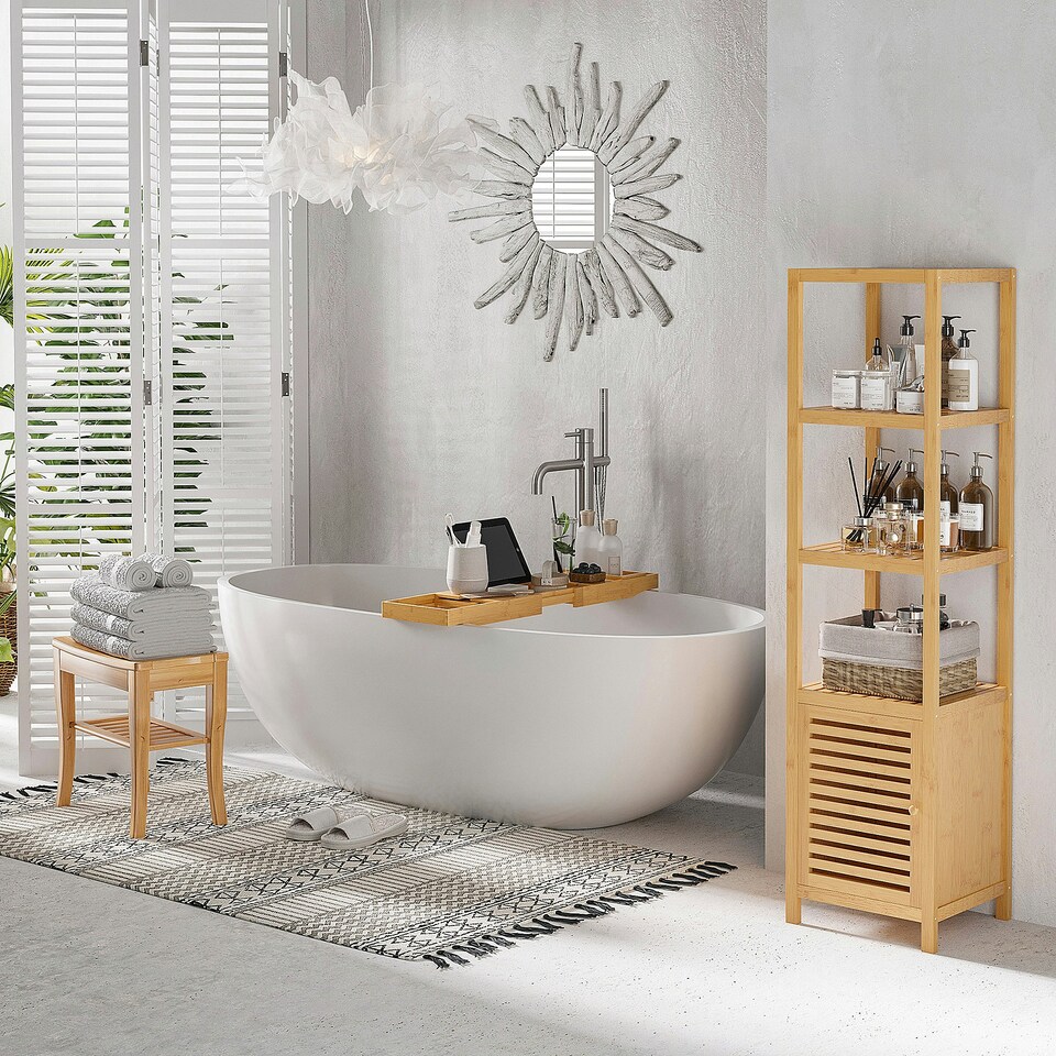 image 1 of HOMCOM Extendable Bath Tub Bathroom Tray Bathtub Caddy Shelf Wine Holder Book