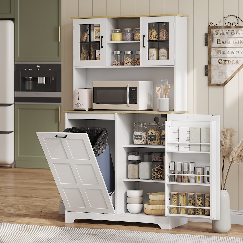 image 1 of HOMCOM 175cm Tall Kitchen Cabinet with Charging Station, Rubbish Bin, White