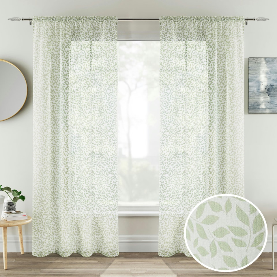 image 1 of Pair of Willow Green Leaf Print Voile Panels 122 cm (48 inch) Rod Pocket Linen Look Panels for Bedroom and Living Room