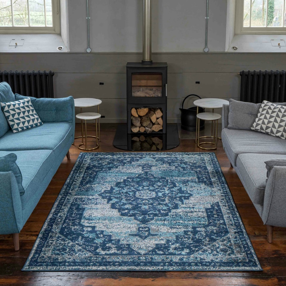 image 1 of KUKOON Navy Blue Traditional Medallion Bordered Living Area Rug 80cm x 150cm | Blue
