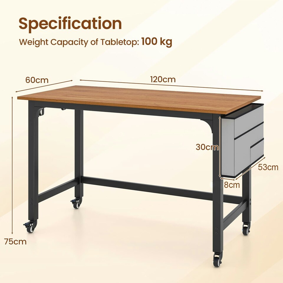 image 1 of COSTWAY Mobile Computer Desk 120cm Home Office Desk Teak Brown