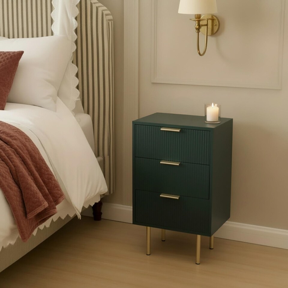 image 1 of OHS Ribbed Bedside Table Modern Bedroom 3 Draw Office Nightstand | Green | Dark Forest Green