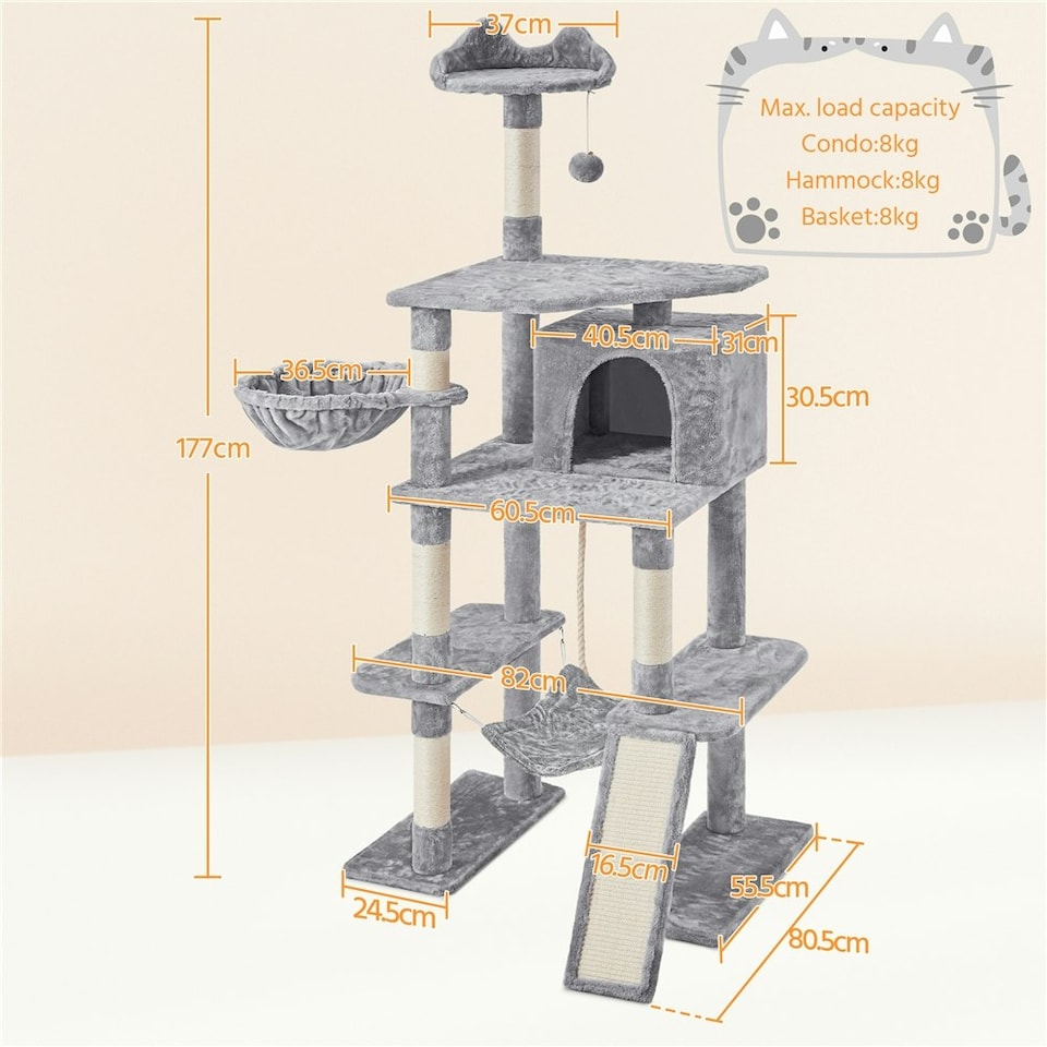 image 1 of Yaheetech  177 cm Multilevel Cat Tree with Condo Light Grey