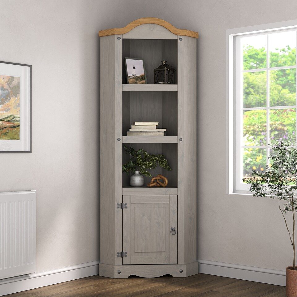 image 1 of Corona Corner Display Unit Grey Bookcase Pine Cupboard 3 Book Shelves