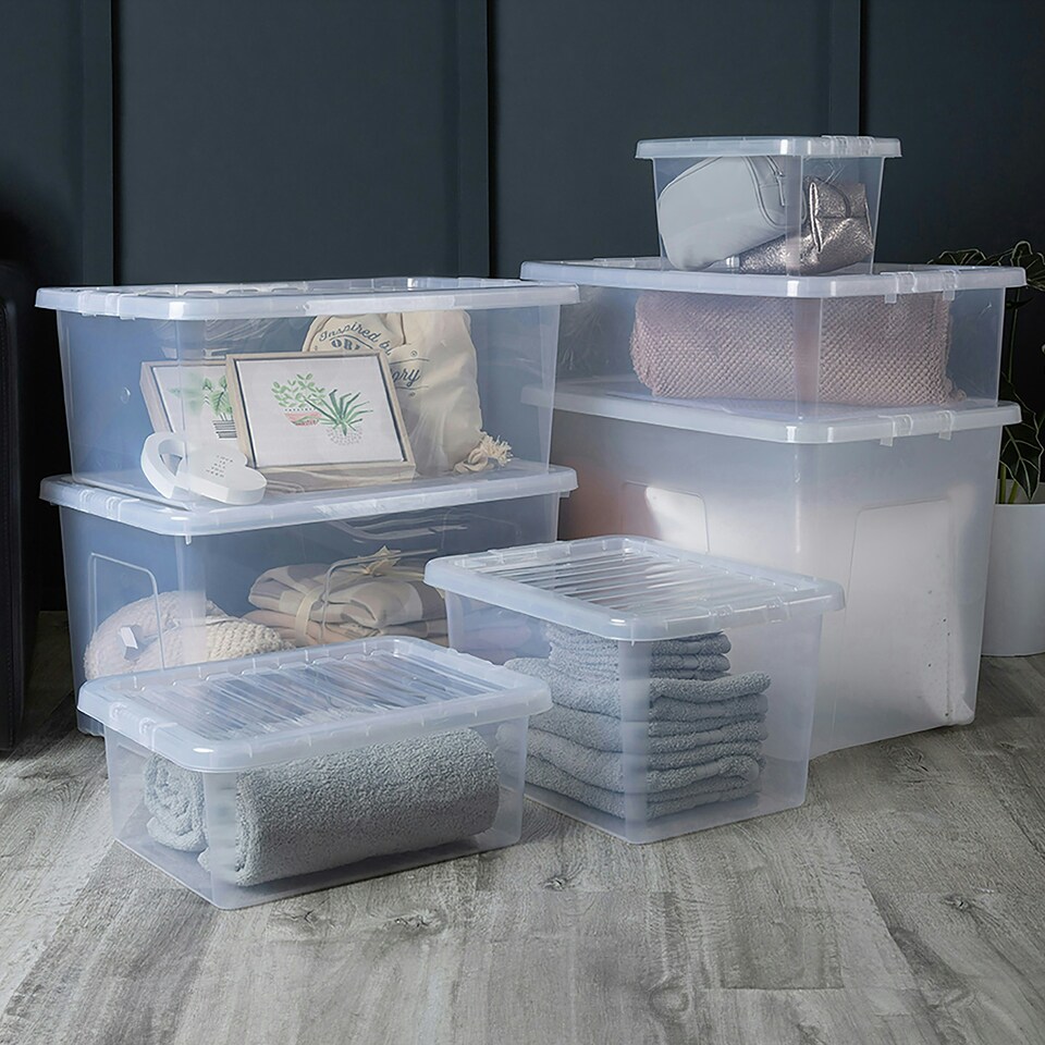 image 1 of Wham Crystal 7 x Multisize Stackable Plastic Storage Boxes with Lids Clear Clear