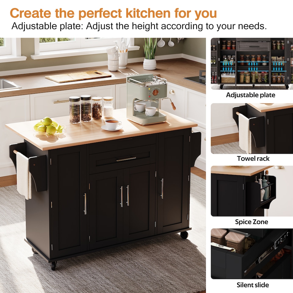 image 1 of VILUXE Mobile Kitchen Island with Foldable Worktop, Hidden Cutlery Drawer, Large Drawer, Adjustable Shelves, Door Racks, Towel Rack, Spice Rack and 5 Wheels, Black and Natural Wood