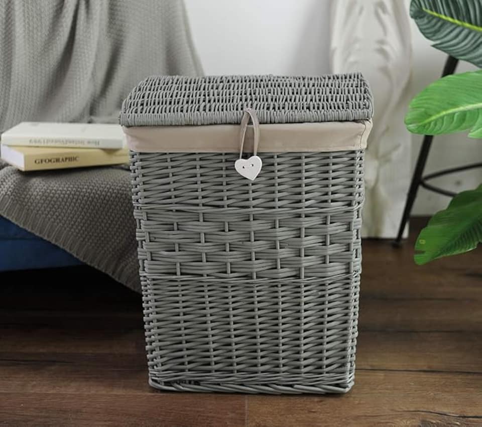 image 1 of Premium Grey Paint Wicker Laundry Basket Cotton Lining With Lid Bathroom Storage (Grey, Large)