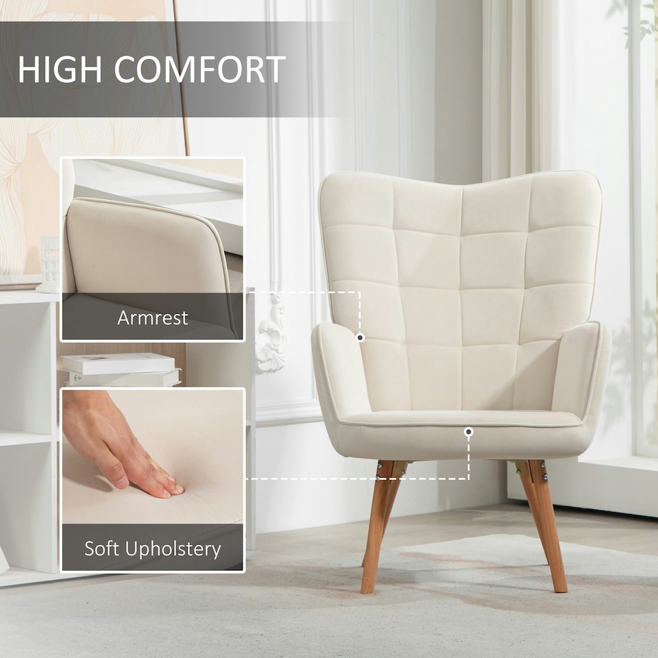 image 1 of HOMCOM Upholstered Tufted Wingback Armchair with Seat Padding, Cream White