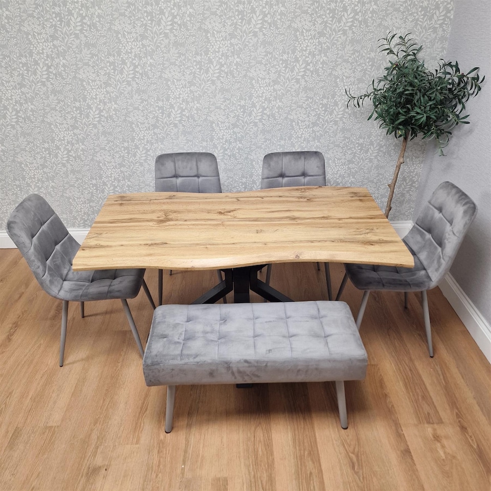 image 1 of Dining Table with 4 Grey Velvet Chairs and Padded Bench, Dining Room Furniture