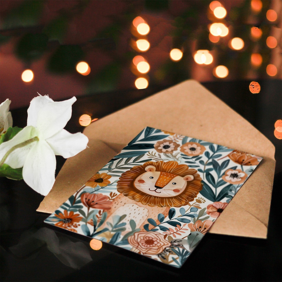 image 1 of Cute Lion in Tropical Jungle Flowers Watercolour Birthday Card