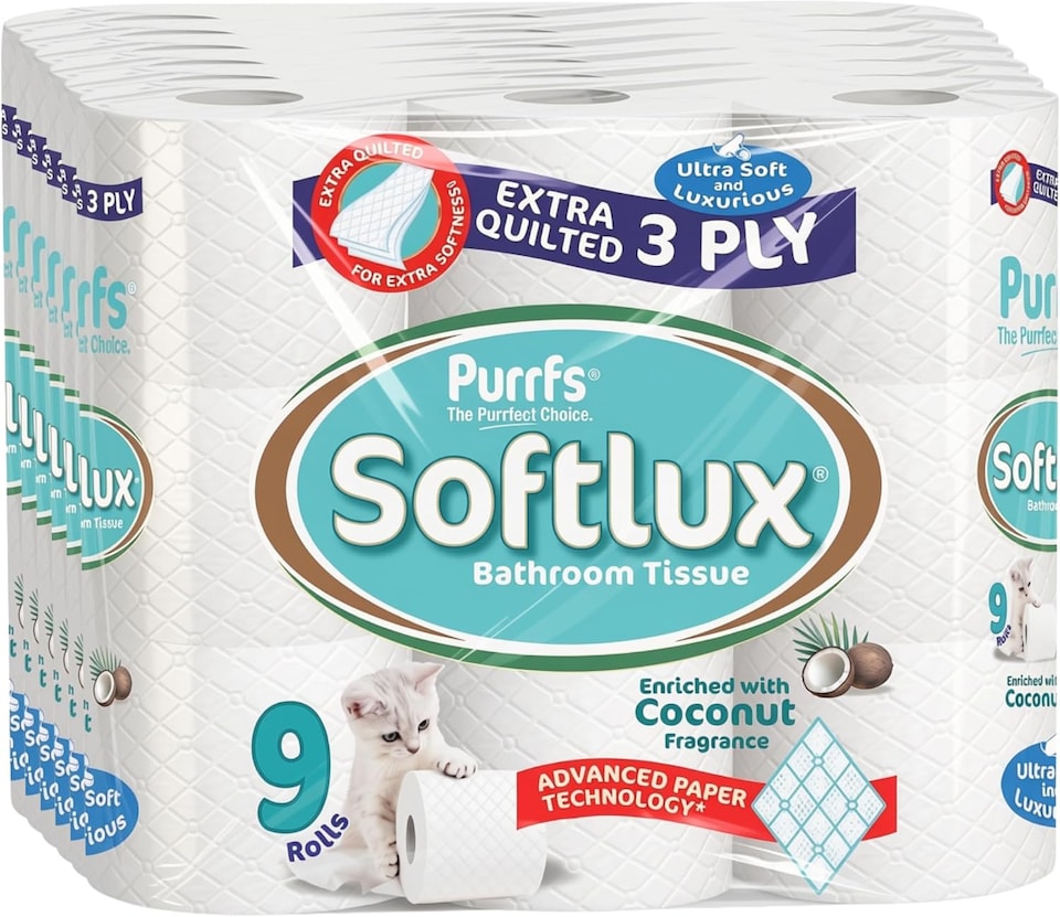 image 1 of Softlux Purrfs 3-Ply, Coconut Scented Quilted & Embossed Toilet Paper, Ultra Soft, Strong & Skin Kind, Premium Bathroom Tissue, 100% Virgin Pulp, Bulk Pack 45 Loo Rolls