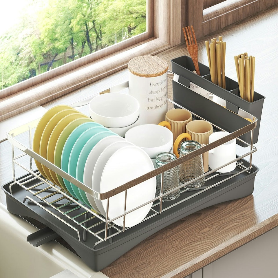 image 1 of Toque Dish Drying Rack 3 Tier Plate Cup Drainer Cutlery Holder Kitchen Organizer Black