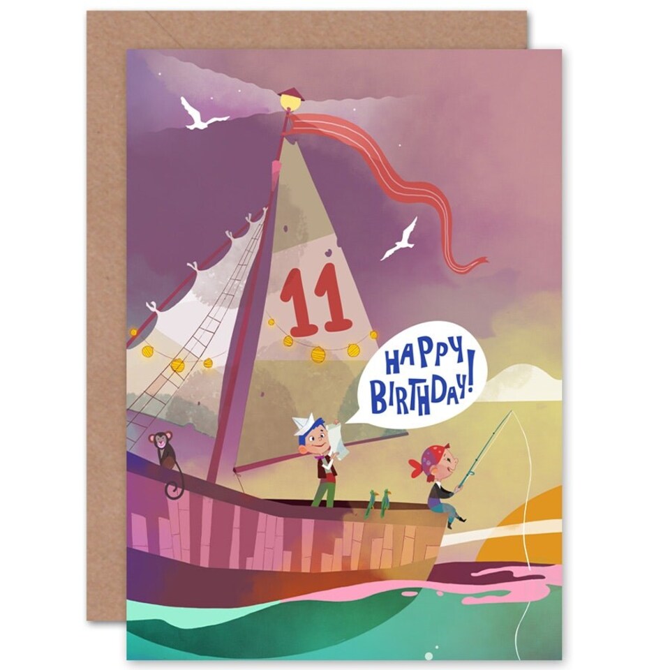 image 1 of Child Pirate Ship Cartoon Age 11 Year Old Kids 11th Birthday Card