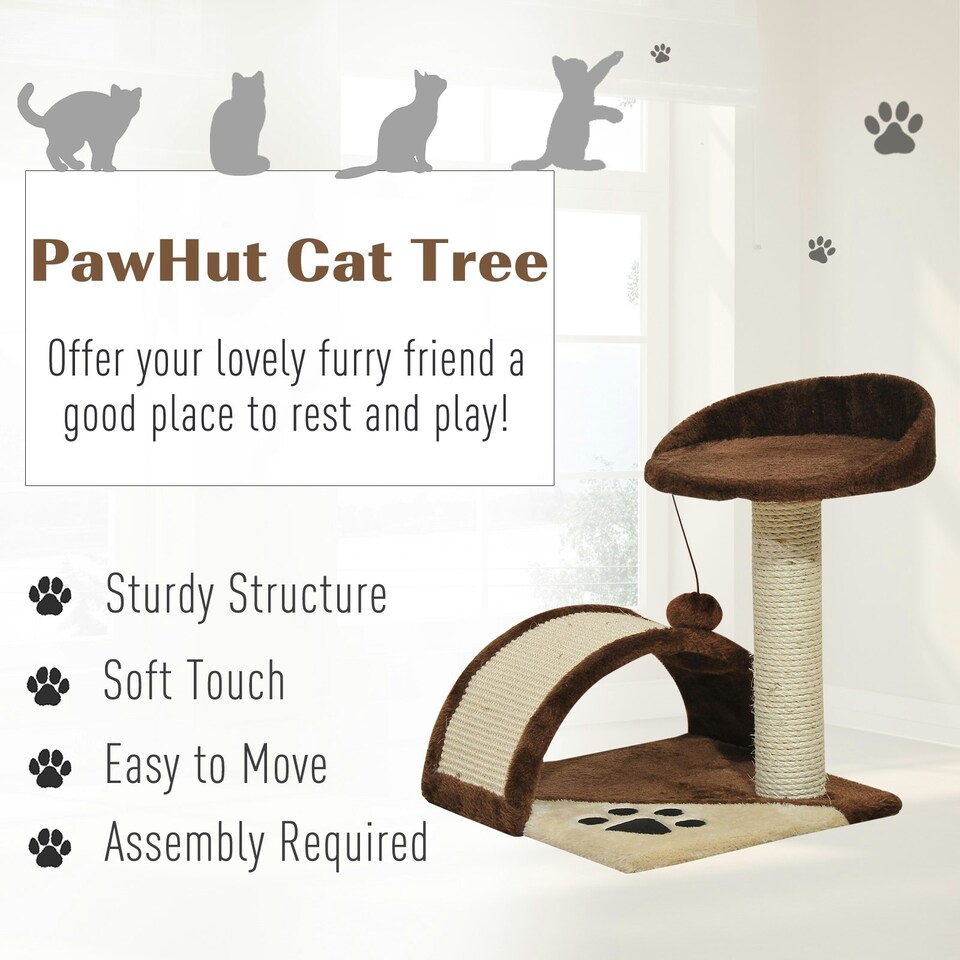 image 1 of PawHut Cat Tree Scratching Post Activity Centre Climber Hanging Ball Brown