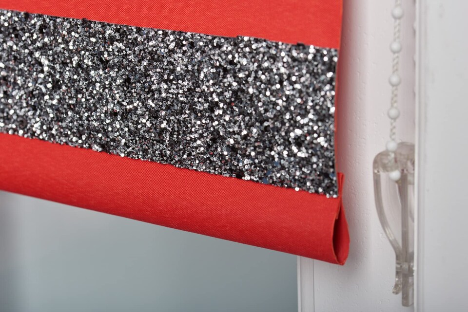 image 1 of FURNISHED Blackout Roller Blind with Black Glitter Trim and Red Bow Trimmable Window Shade | Red | Red | (W) 65cm x (L) 210cm