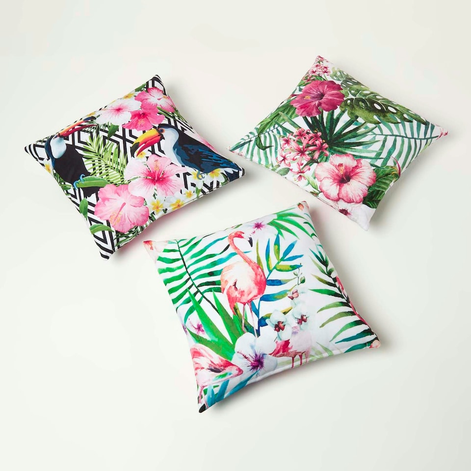 image 1 of Homescapes Botanical Flower Outdoor Cushion 45 x 45 cm - Set of 2 | Multi | 45 x 45 cm | 2