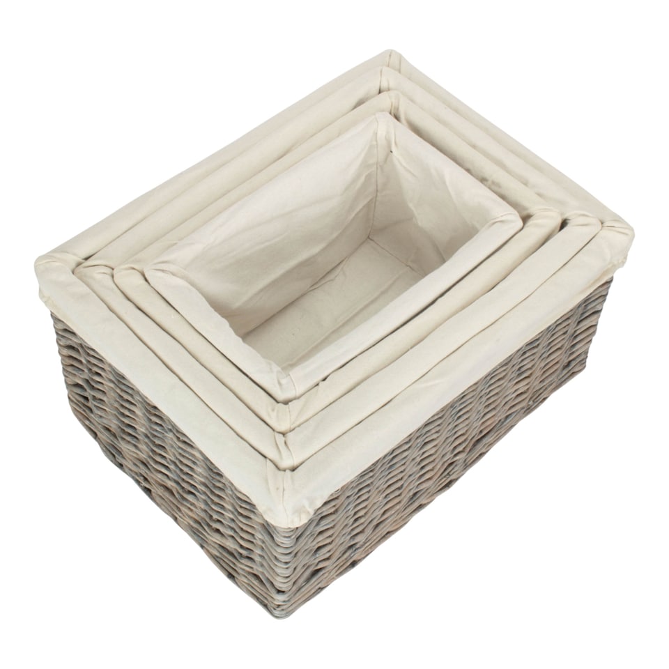 image 1 of Set of 4 Grey Wash White Cotton Lined Willow Storage Baskets | Brown | White | Not provided | 4