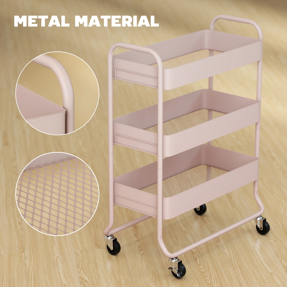 image 1 of HOMCOM 3-Tier Storage Trolley on Wheels, Rolling Utility Cart with Mesh Backets, Mobile Storage Cart for Kitchen, Bathroom, Bedroom, Light Pink | Pink | Pink