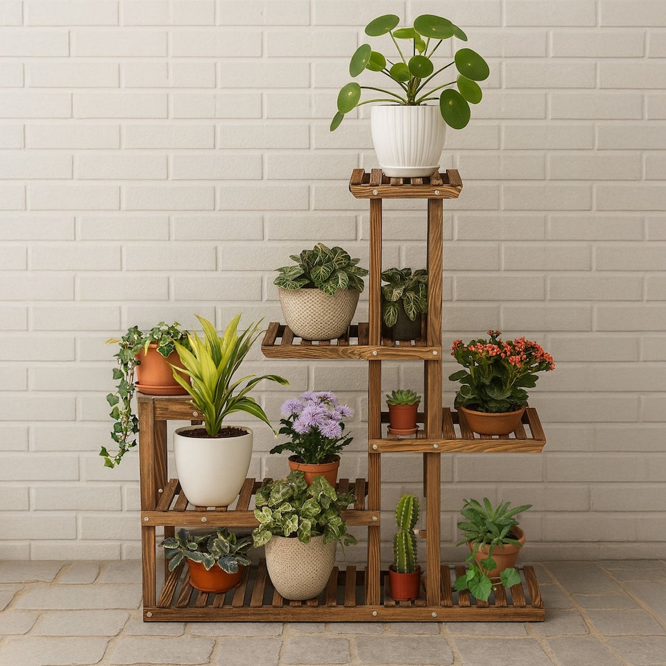 image 1 of Neo 6 Tier Wooden Plant Stand for Balcony Indoor Garden & Patio Outdoor Flower Shelf Display Rack